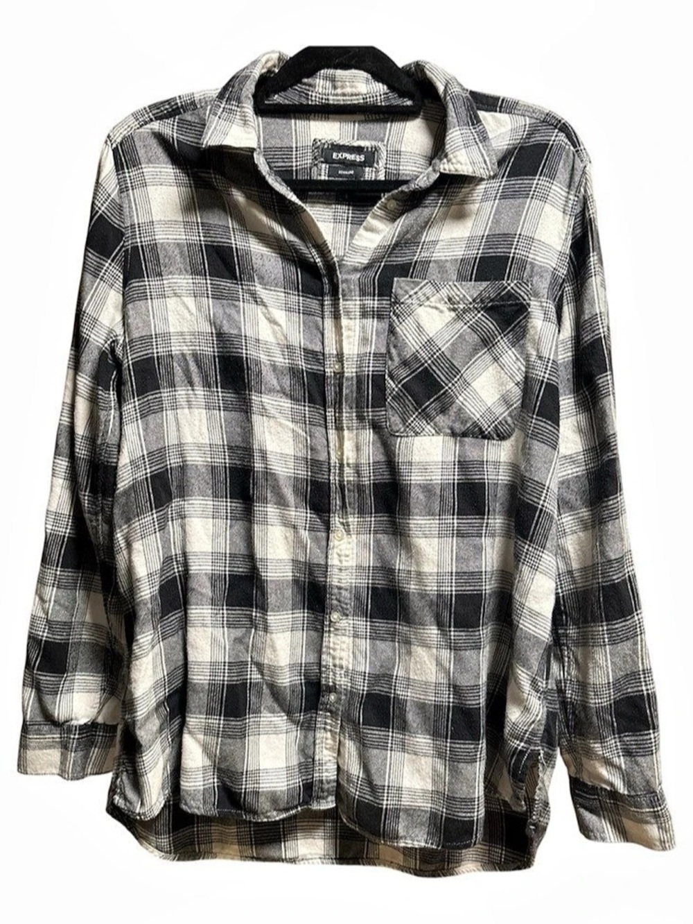 Express Boyfriend Flannel Shirt Women's Plaid Button Down in Black & White